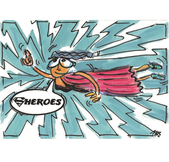 Superheldin fliegt im pinken Kleid vor grünem Hintergrund und sagt "Sheroes"