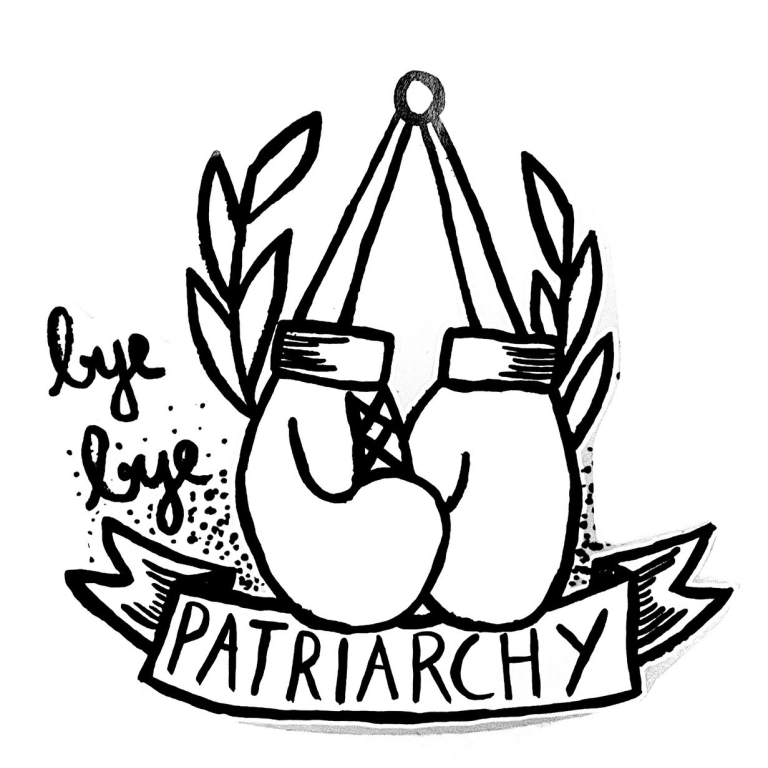 Boxhandschuhe und Schrift "bye bye patriarchy"